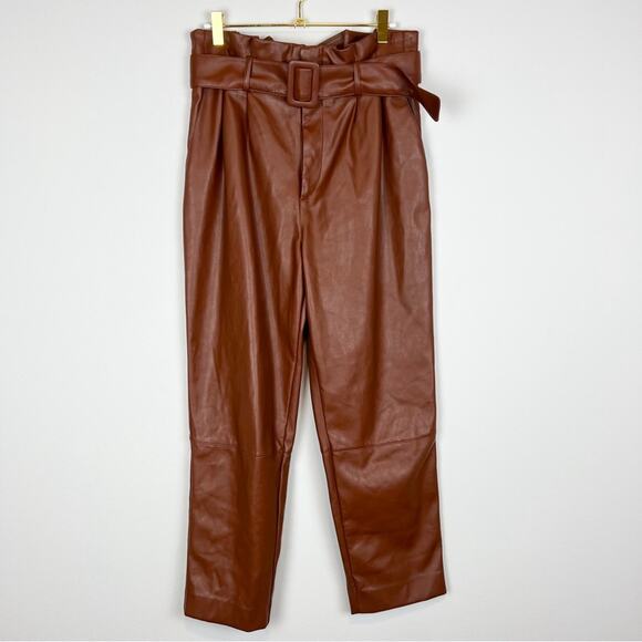 H&M Brown Vegan Leather Belted Paper Bag Trousers Tapered Pants Size 6 - Picture 2 of 11